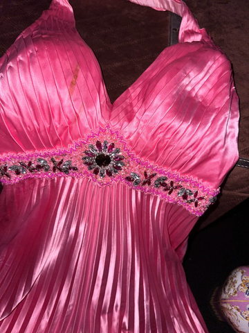 Barbie Pink A Line Halter Beaded Pleated Satin Open Back Prom Dress Evening Dress HZ1023